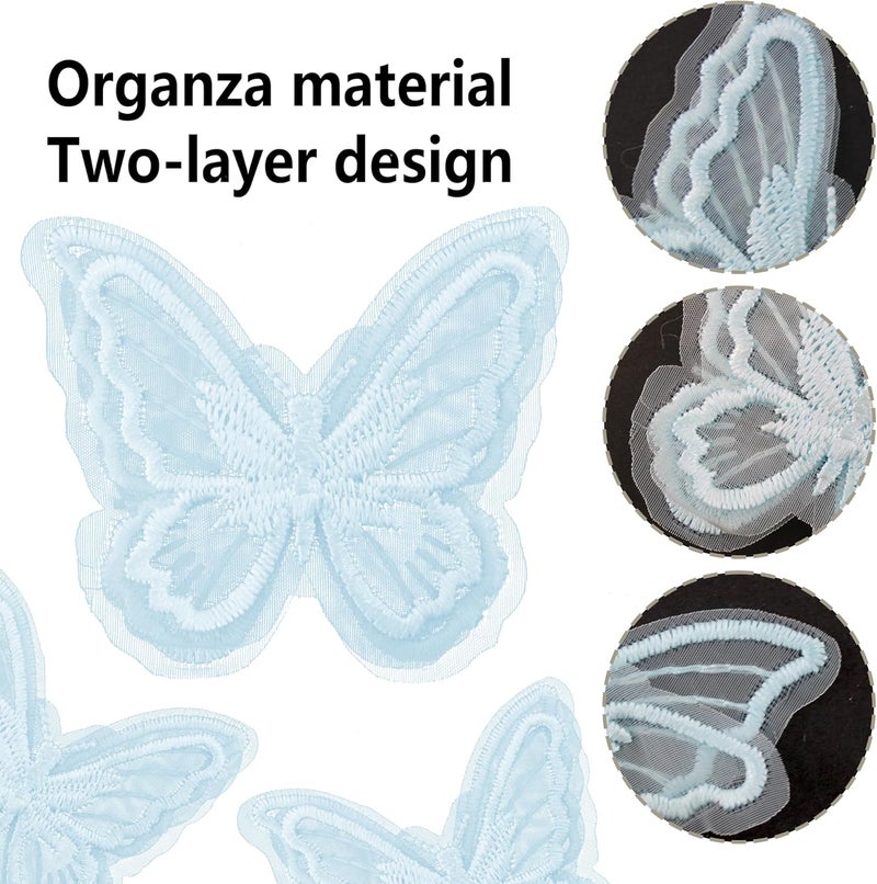 PT'SON 20PCS Blue Butterfly Lace Trim, Double Layers Organza Fabric Embroidery, Sewing Craft Decorative for DIY, Hair, Dress, Hat - Image 3